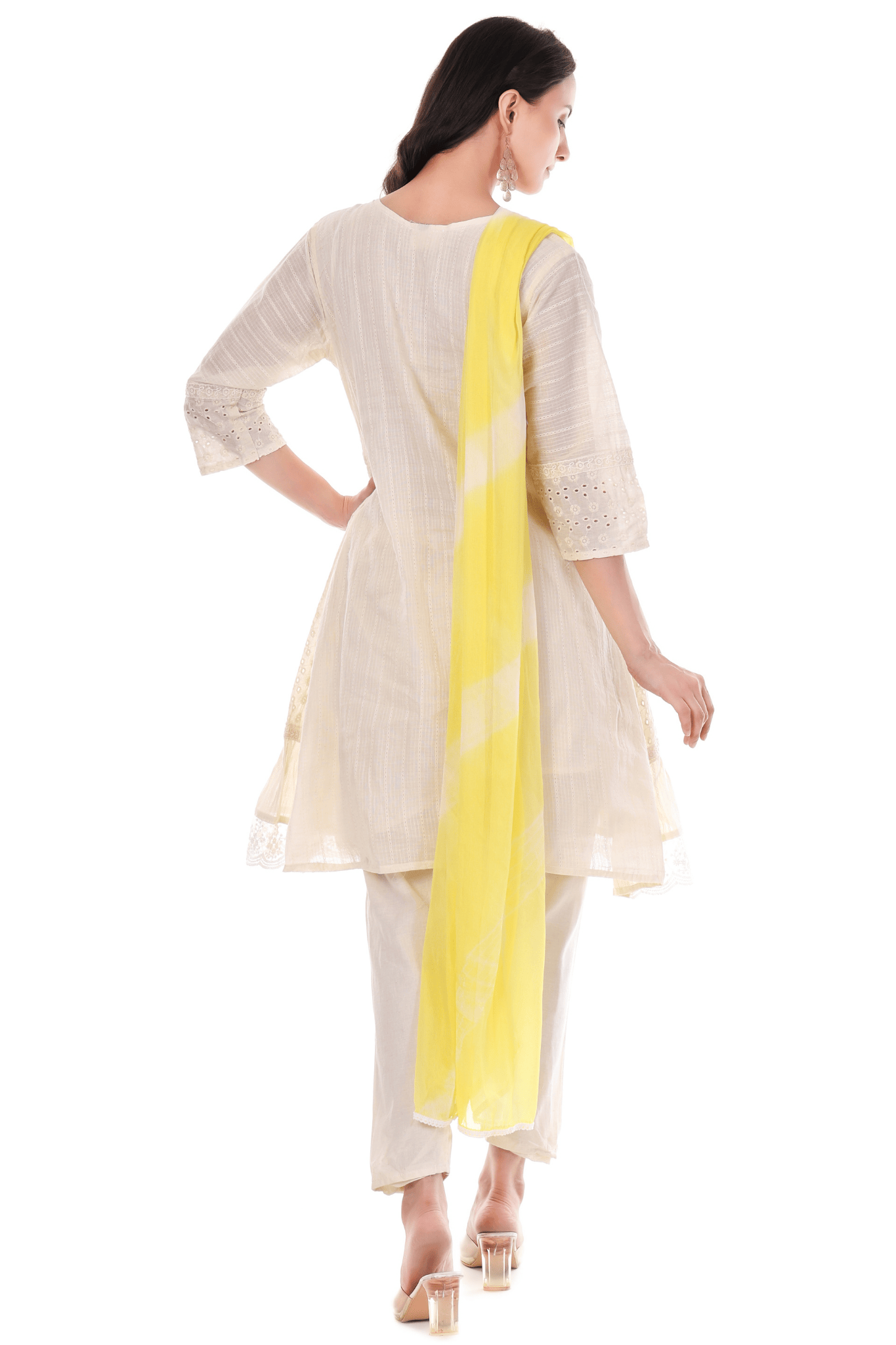 White cotton hand painted short A line suit