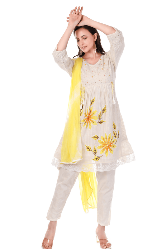 White cotton hand painted short A line suit