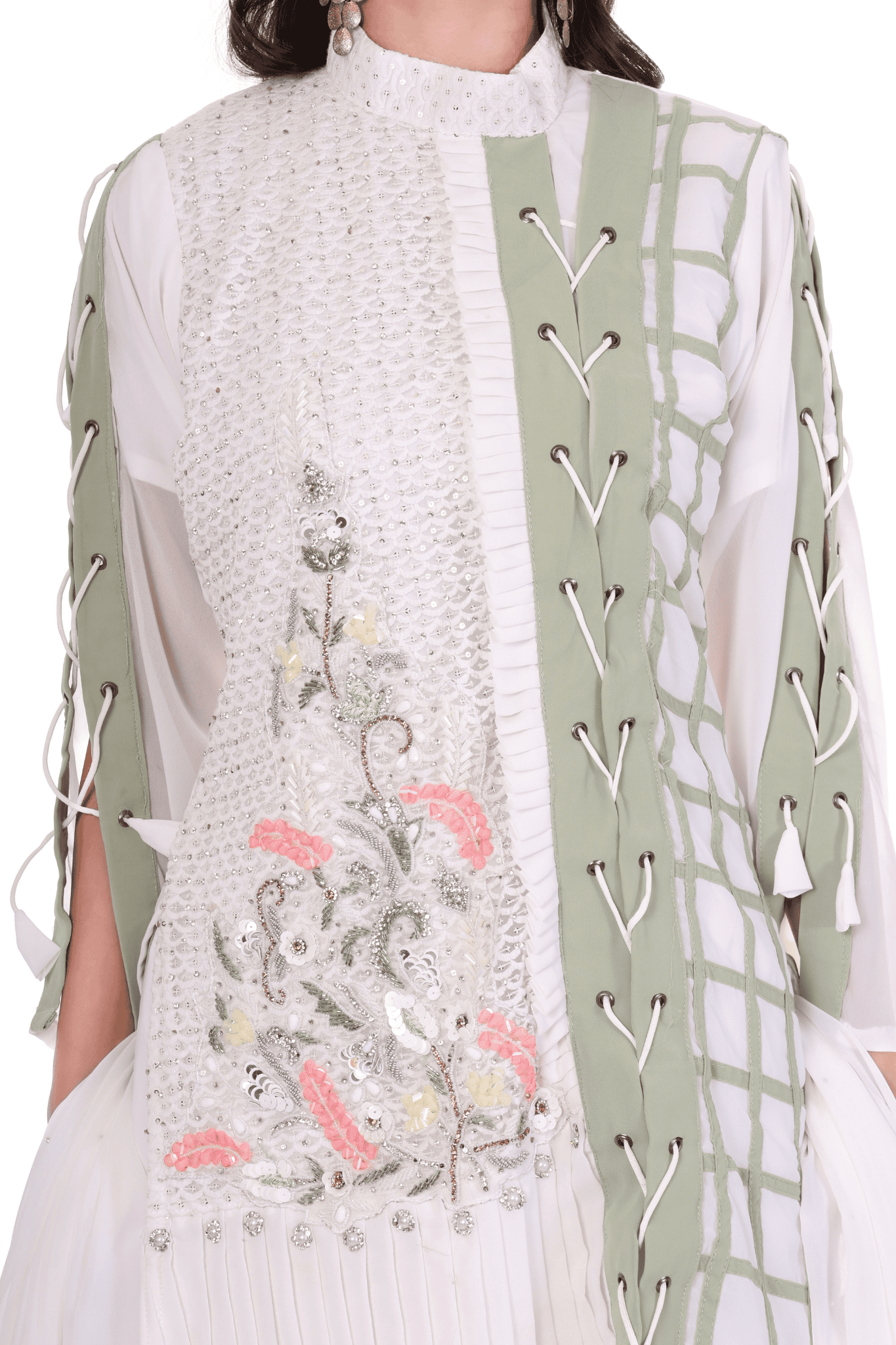 Short straight fit zig zag notted heavy embroidered white green suit