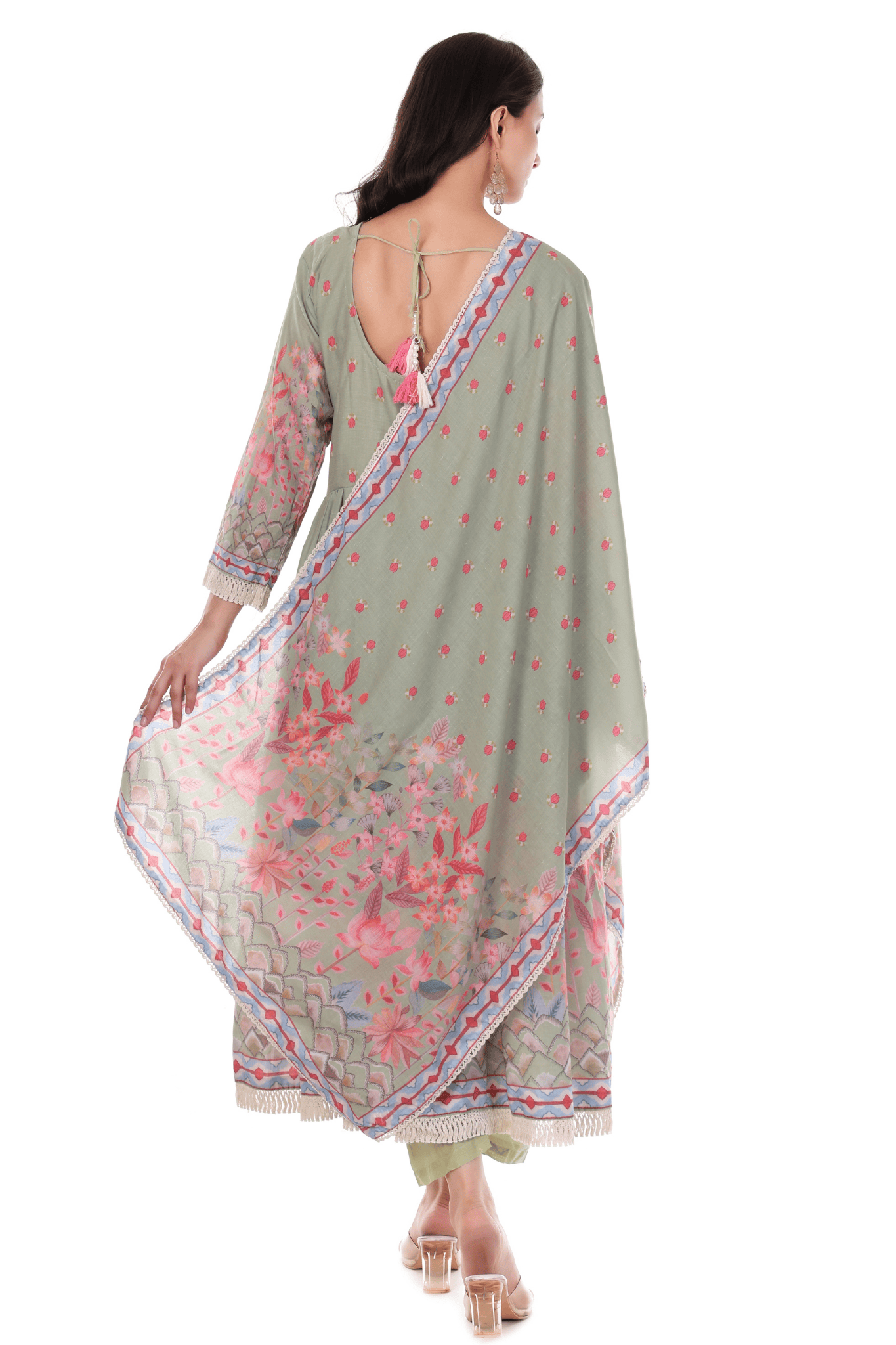 Mul Cotton Anarkali floral suit with thread and mirror embroidered neck