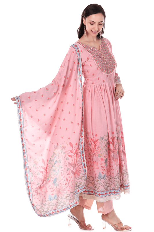 Mul Cotton Anarkali floral suit with thread and mirror embroidered neck