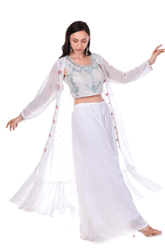 Georgette chiffon White plazo jacket cape set