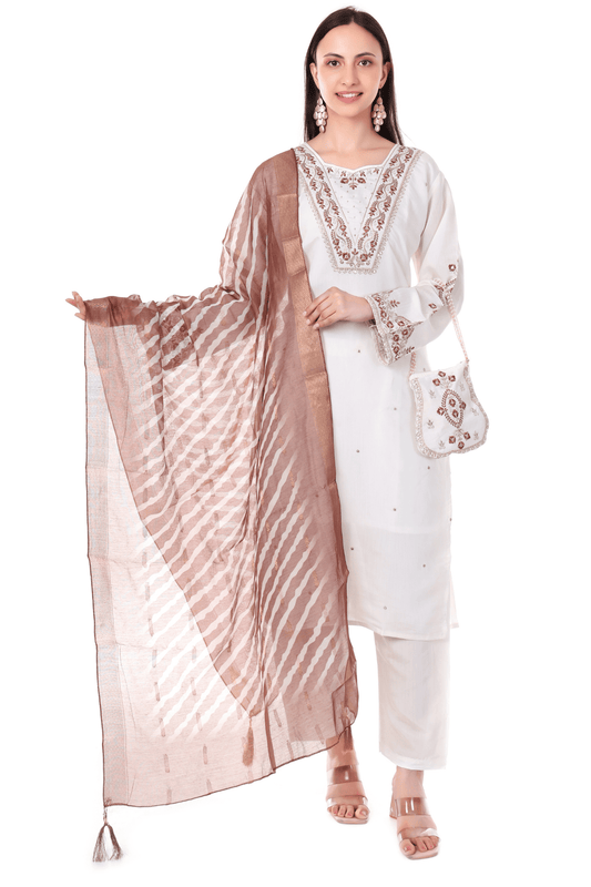 White suit with Aplique work and potli