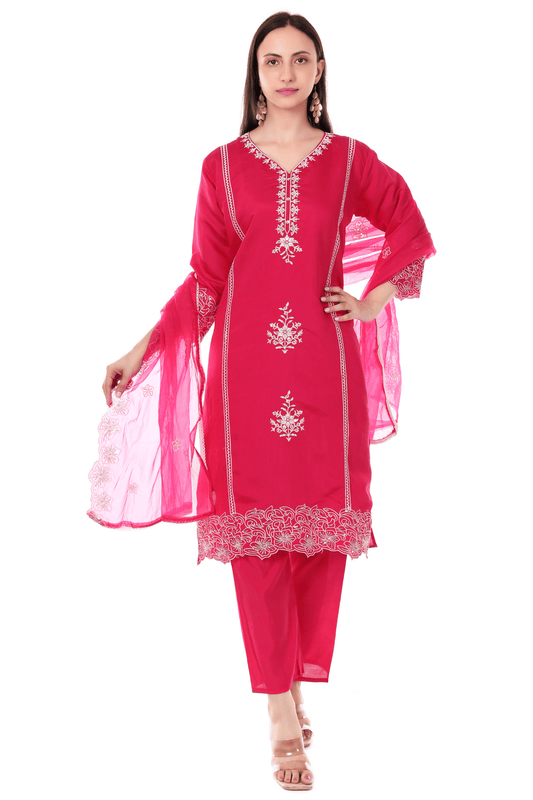 Pink Straight fit with thread embroidered and lace work