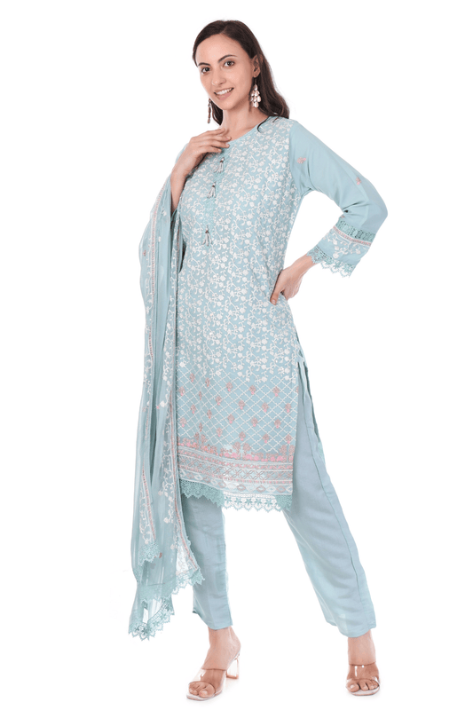 Georgette thread embroidered with teseels straight suit
