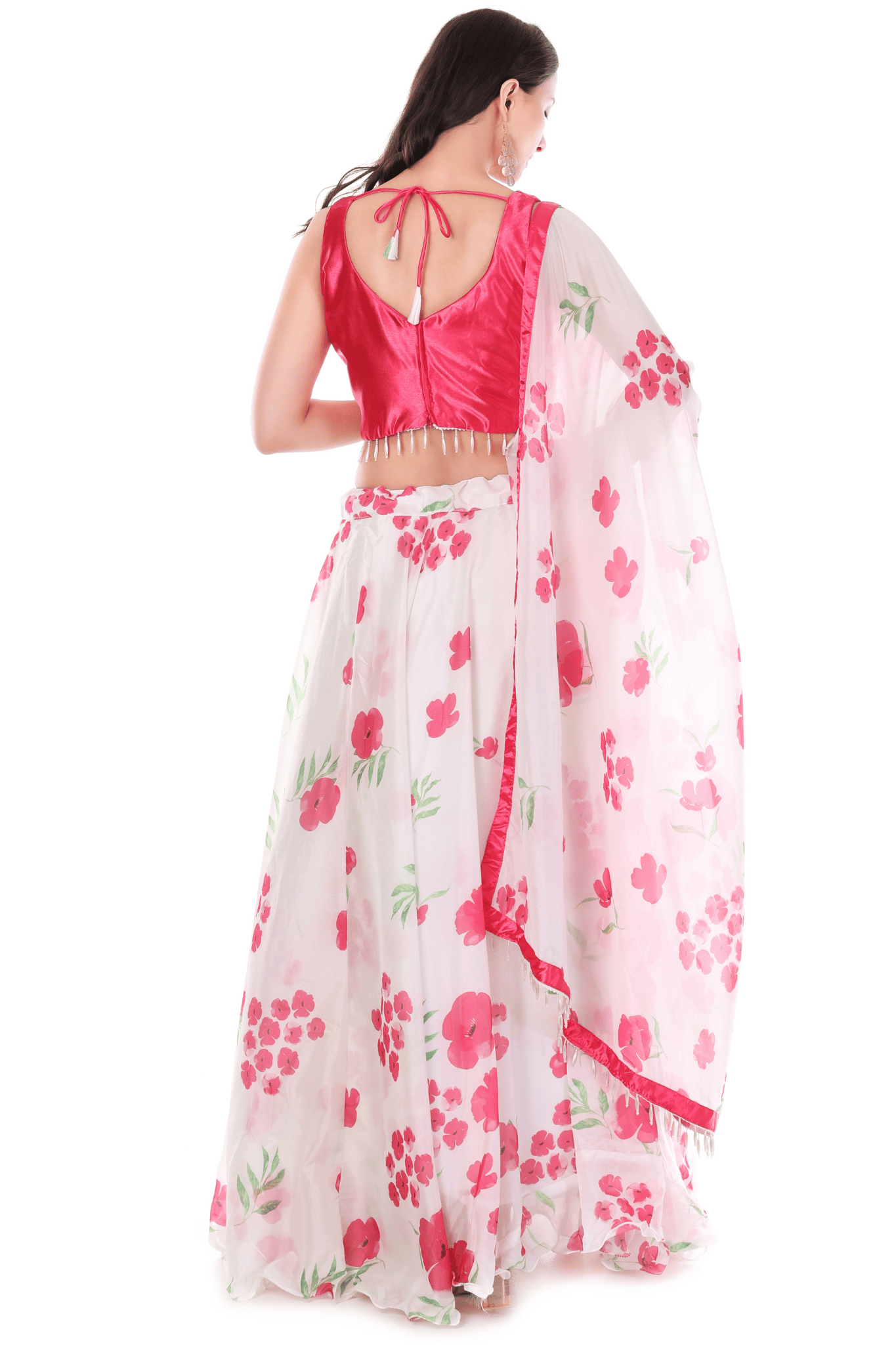 Pink Silky crepe floral Printed Lahenga Set
