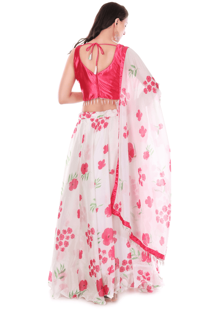 Pink Silky crepe floral Printed Lahenga Set