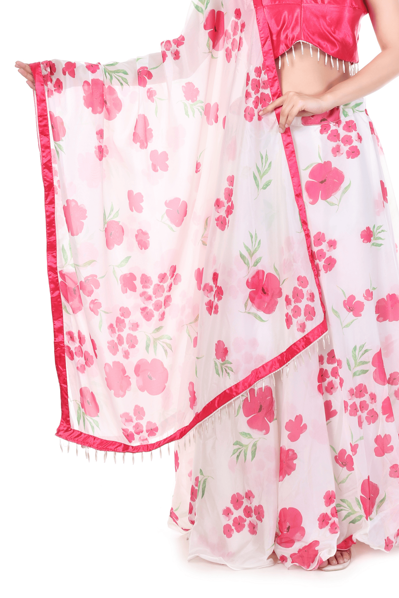 Pink Silky crepe floral Printed Lahenga Set