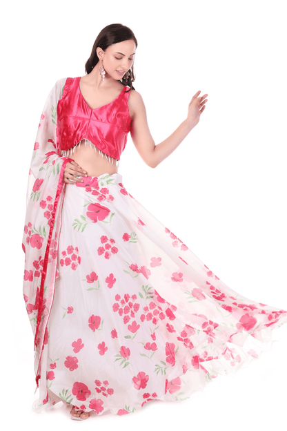 Pink Silky crepe floral Printed Lahenga Set