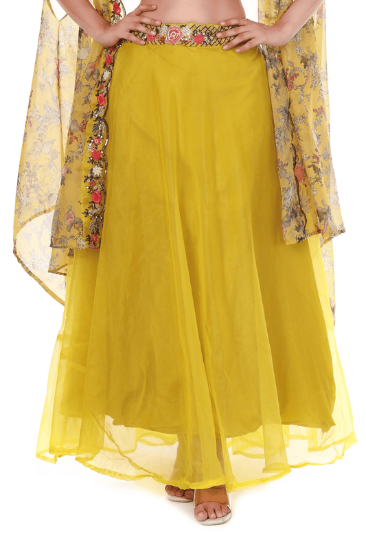 Yellow embroidered blouse plazo cape set