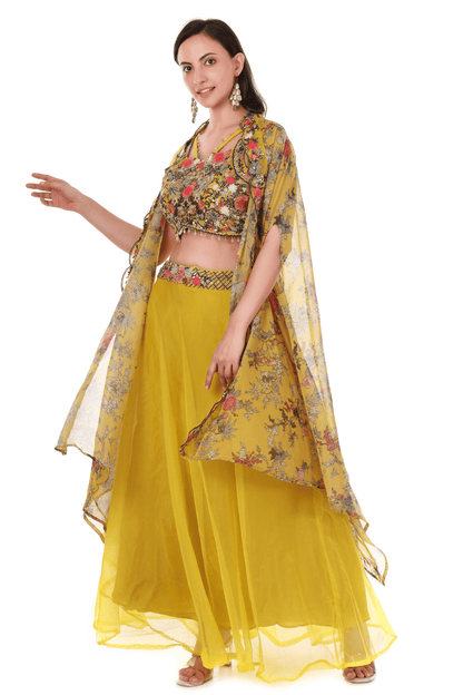 Yellow embroidered blouse plazo cape set