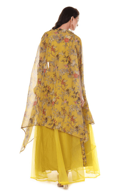 Yellow embroidered blouse plazo cape set
