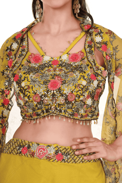 Yellow embroidered blouse plazo cape set