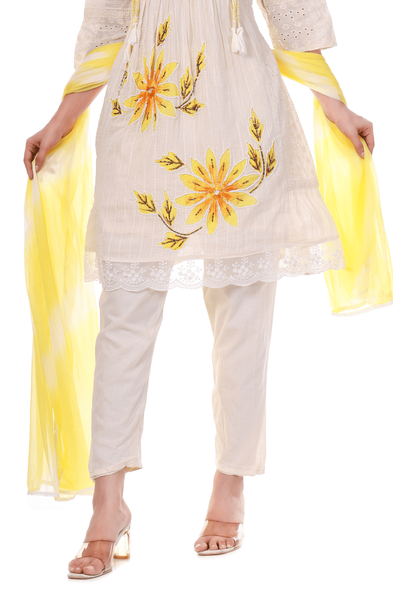 White cotton hand painted short A line suit