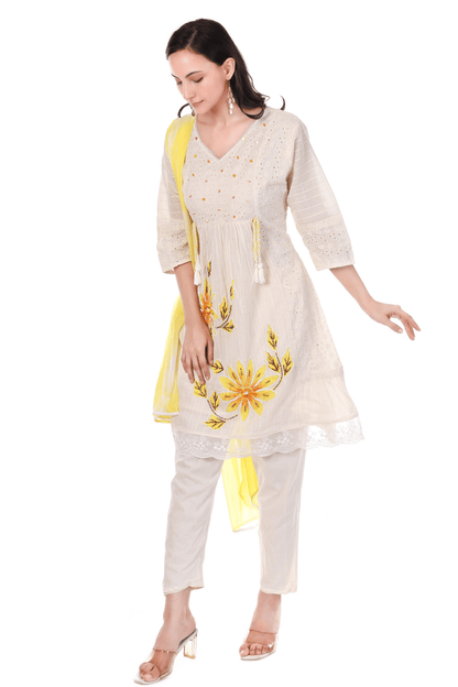 White cotton hand painted short A line suit