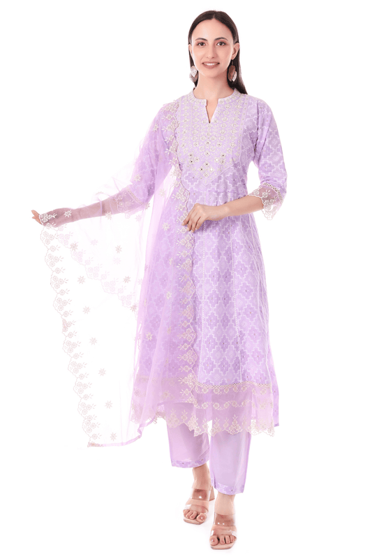 Cotton Anarkali self with thread embroidered suit