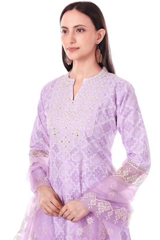 Cotton Anarkali self with thread embroidered suit