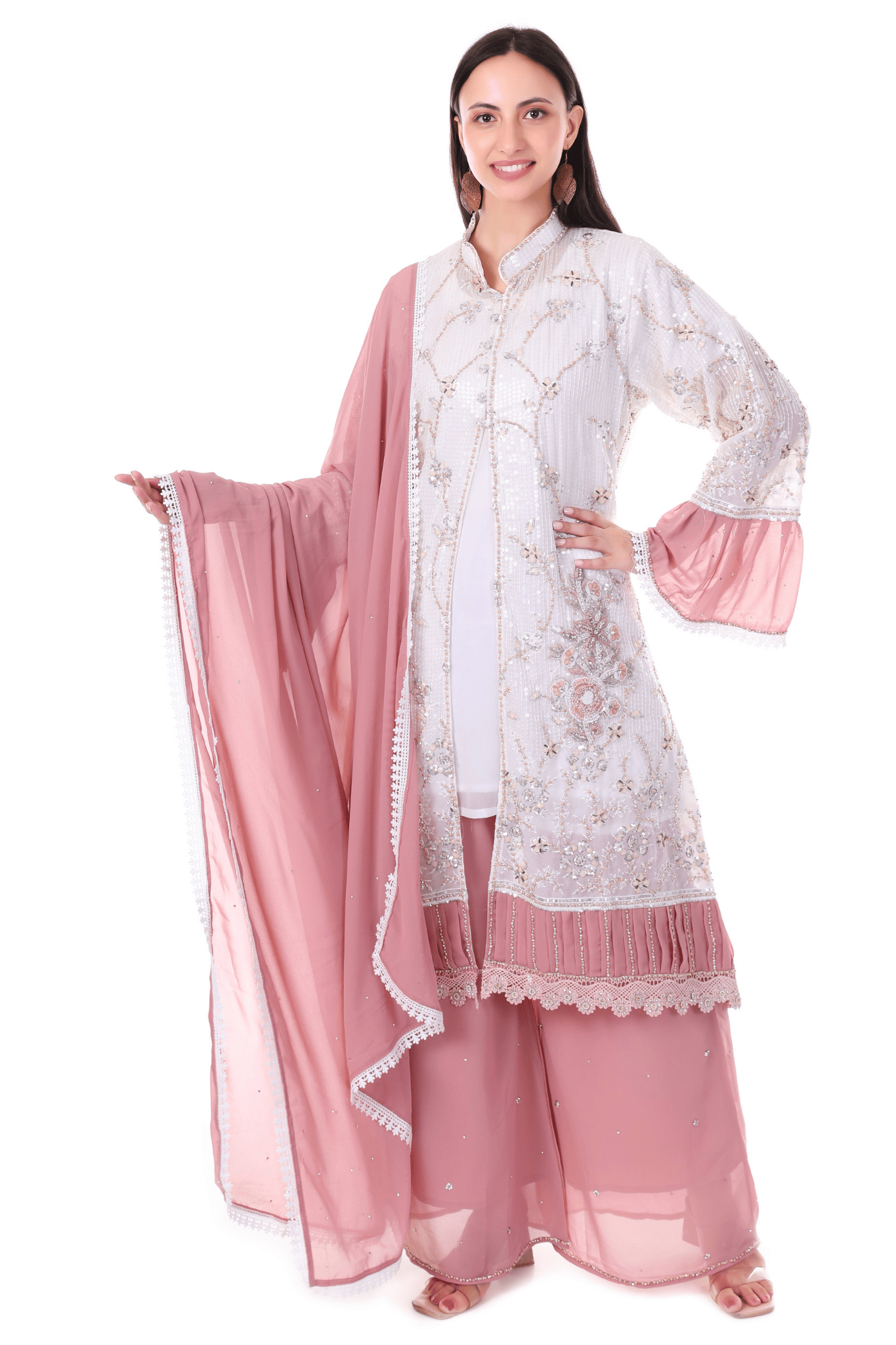 White Pink Hand embroidered long plazo suit