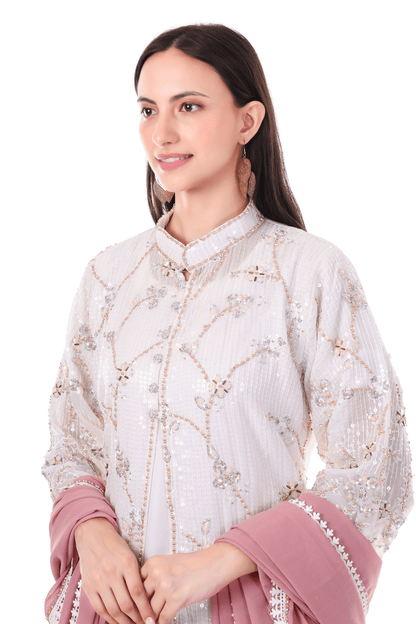 White Pink Hand embroidered long plazo suit