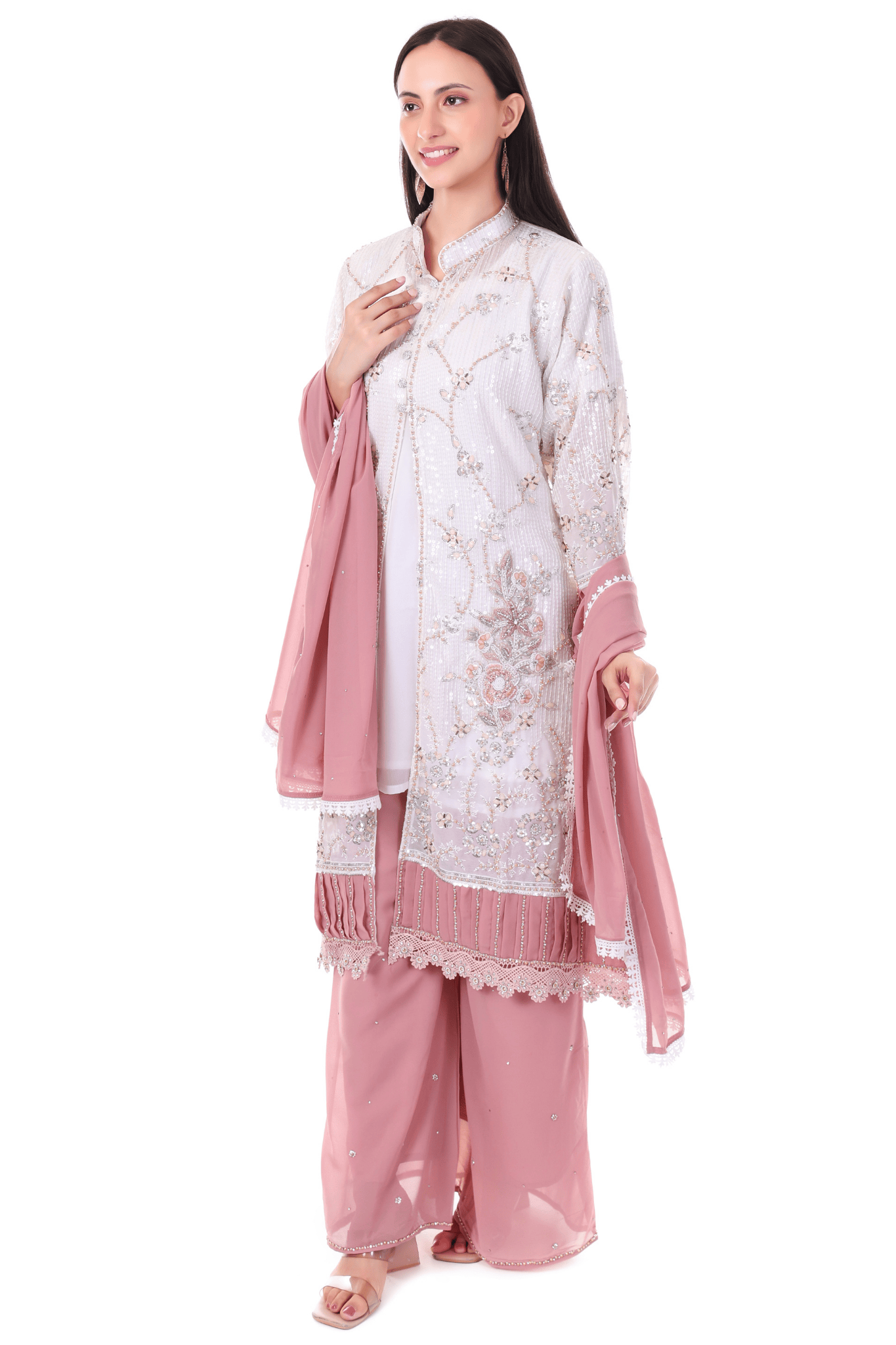 White Pink Hand embroidered long plazo suit