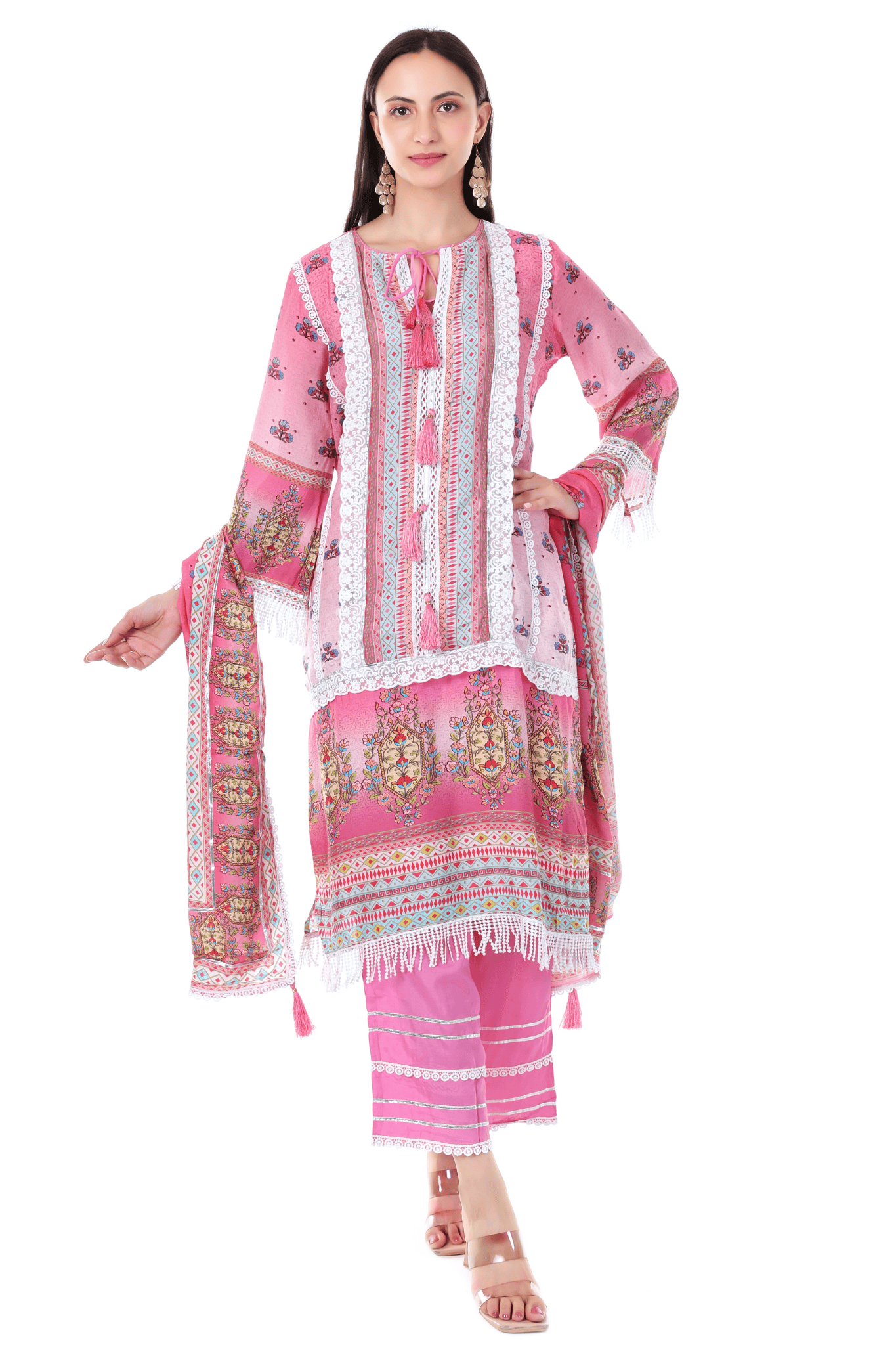 Cotton printed lace A line pakistani suit