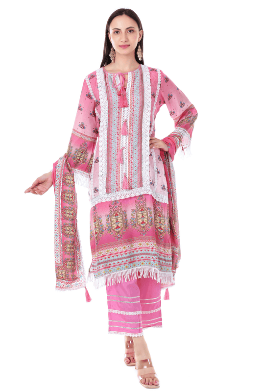Cotton printed lace A line pakistani suit