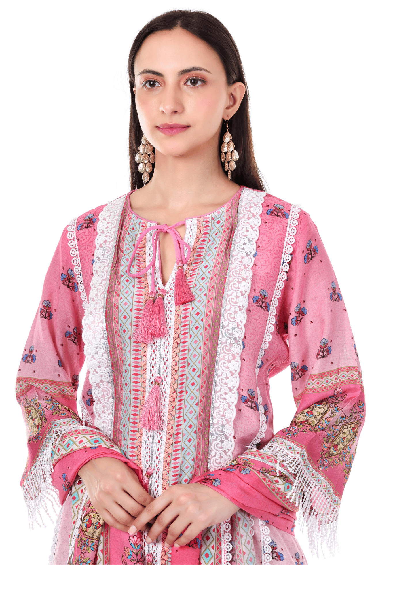 Cotton printed lace A line pakistani suit