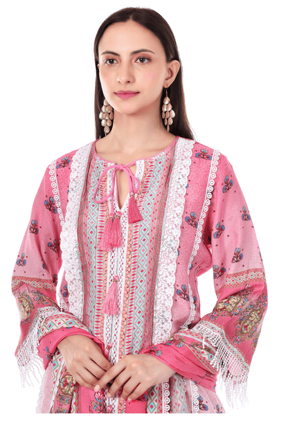Cotton printed lace A line pakistani suit