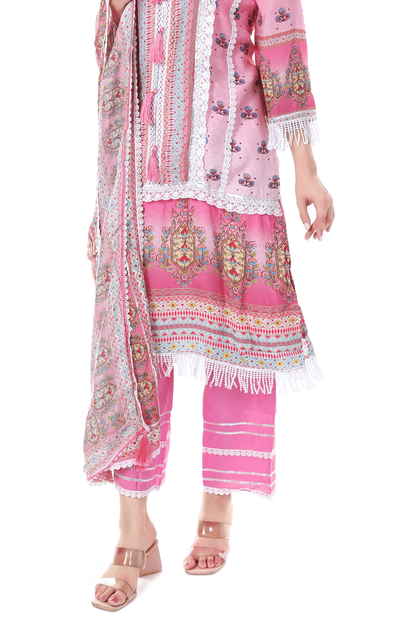 Cotton printed lace A line pakistani suit