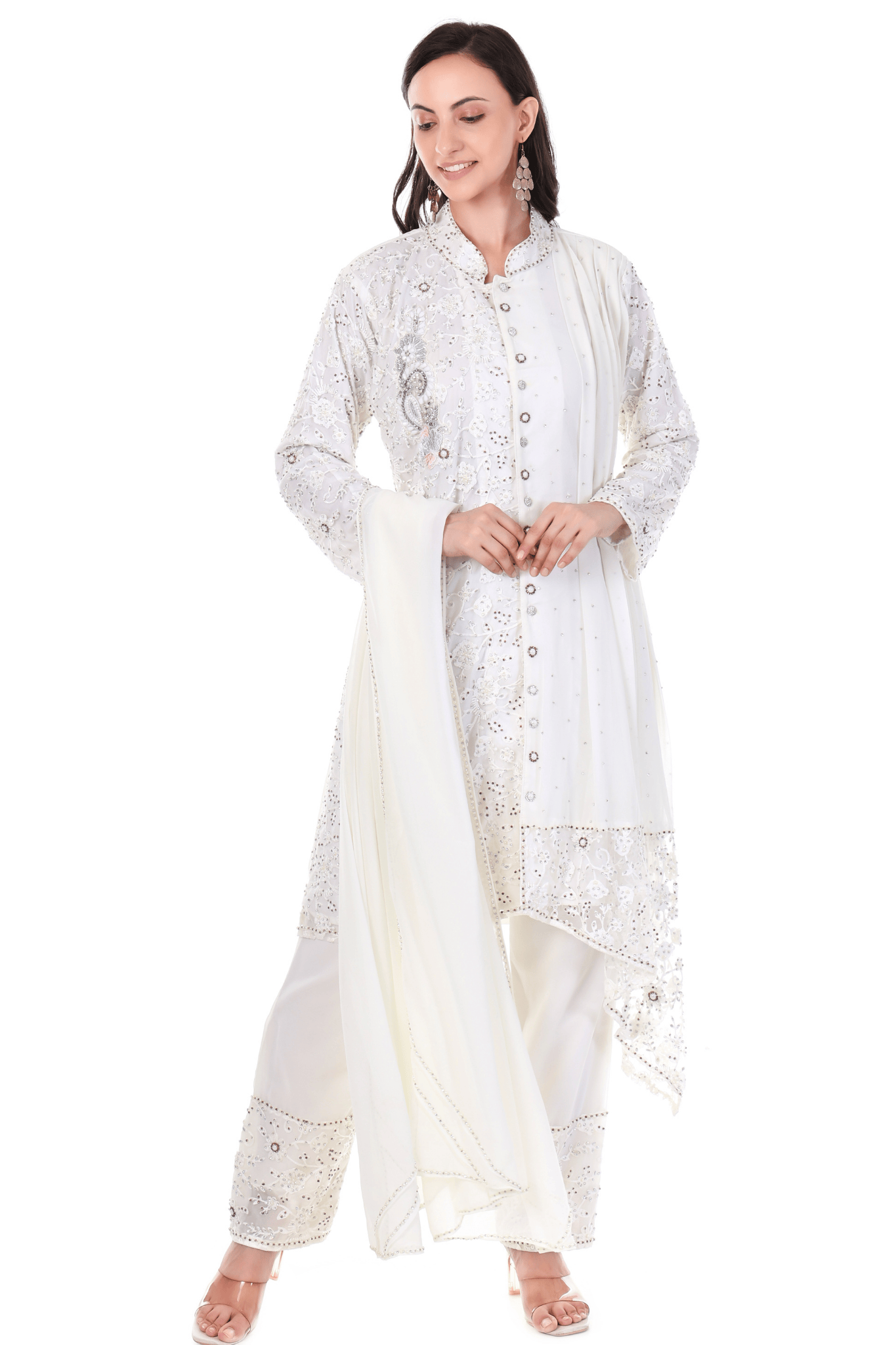 White heavy embroidered long suit
