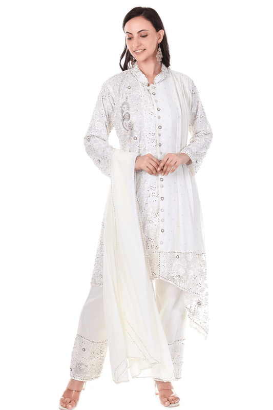 White heavy embroidered long suit