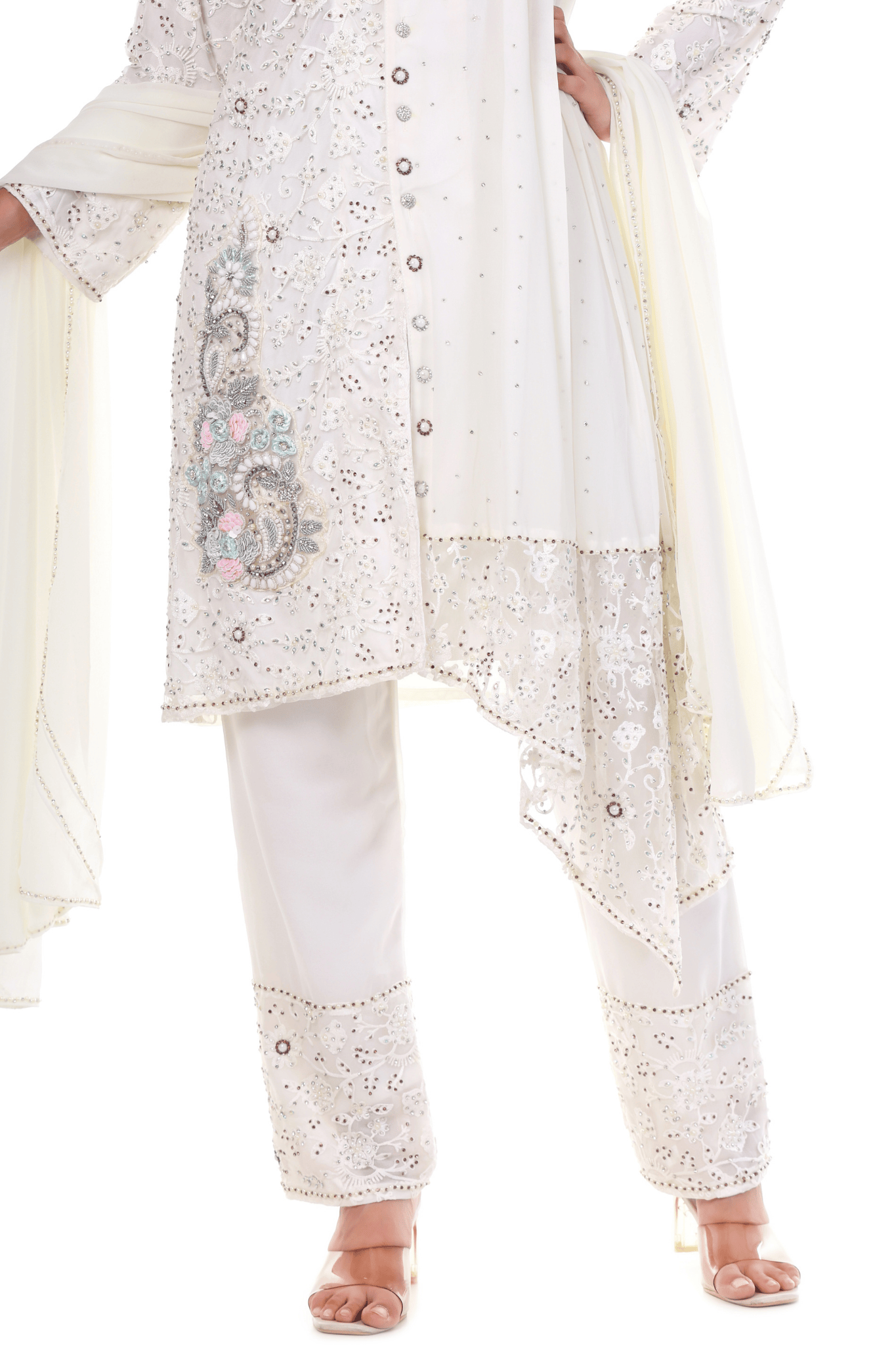White heavy embroidered long suit