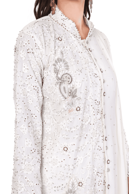 White heavy embroidered long suit