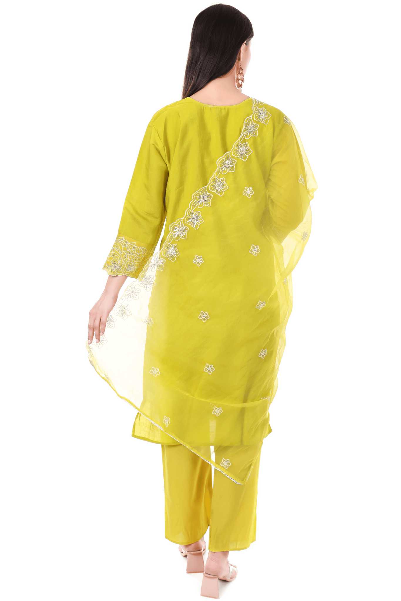 Yellow Straight fit with thread embroidered and lace work