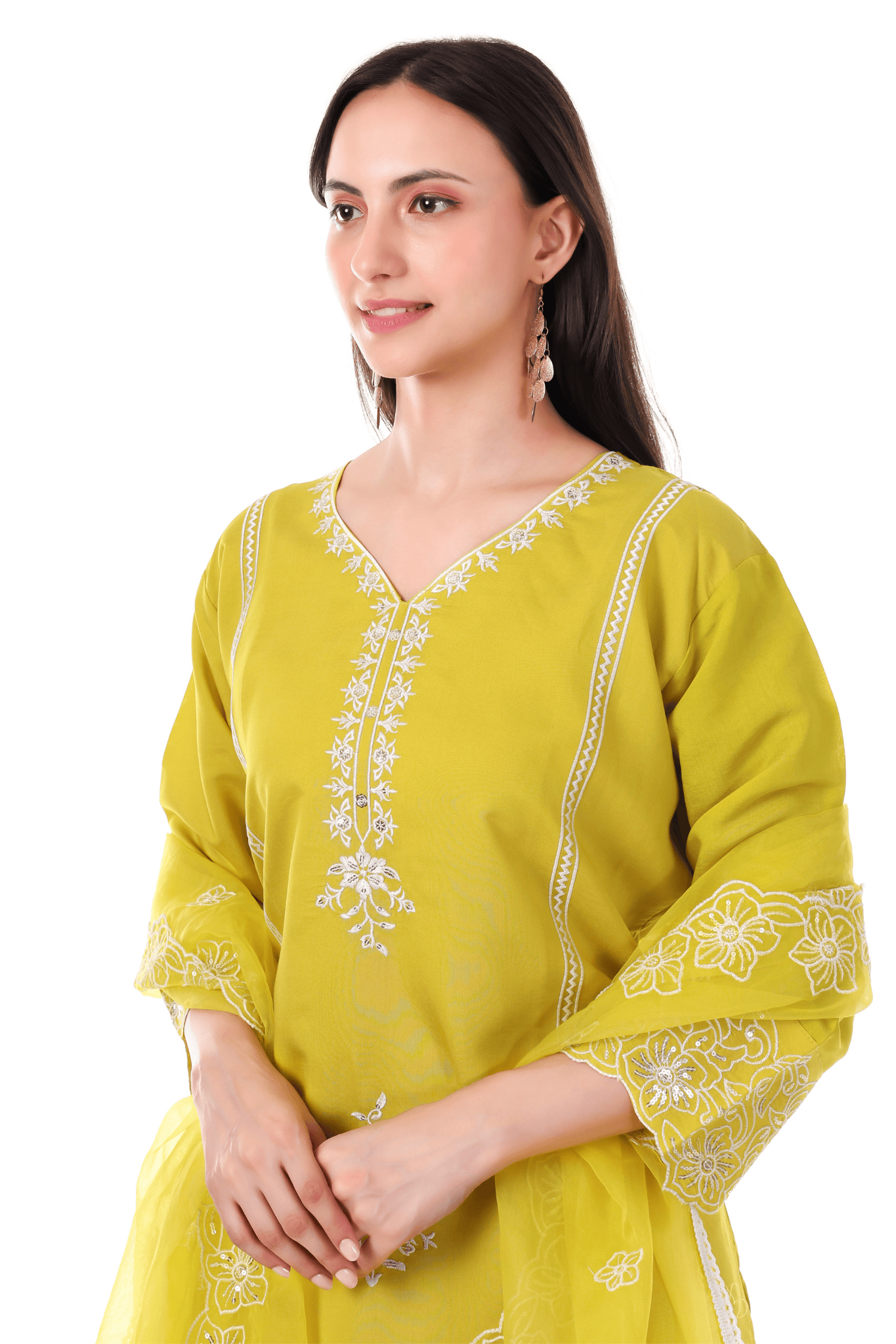 Yellow Straight fit with thread embroidered and lace work