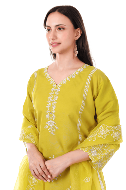 Yellow Straight fit with thread embroidered and lace work