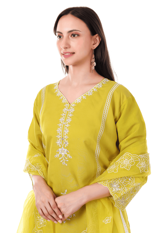 Yellow Straight fit with thread embroidered and lace work