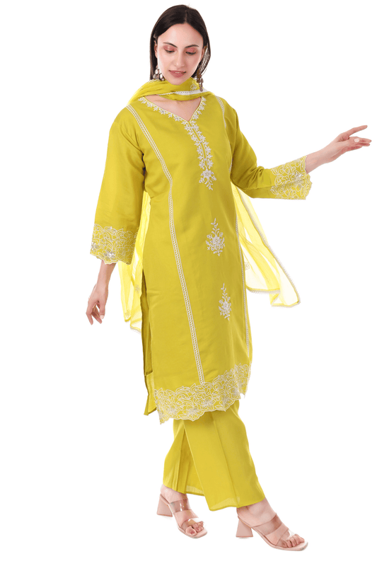 Yellow Straight fit with thread embroidered and lace work