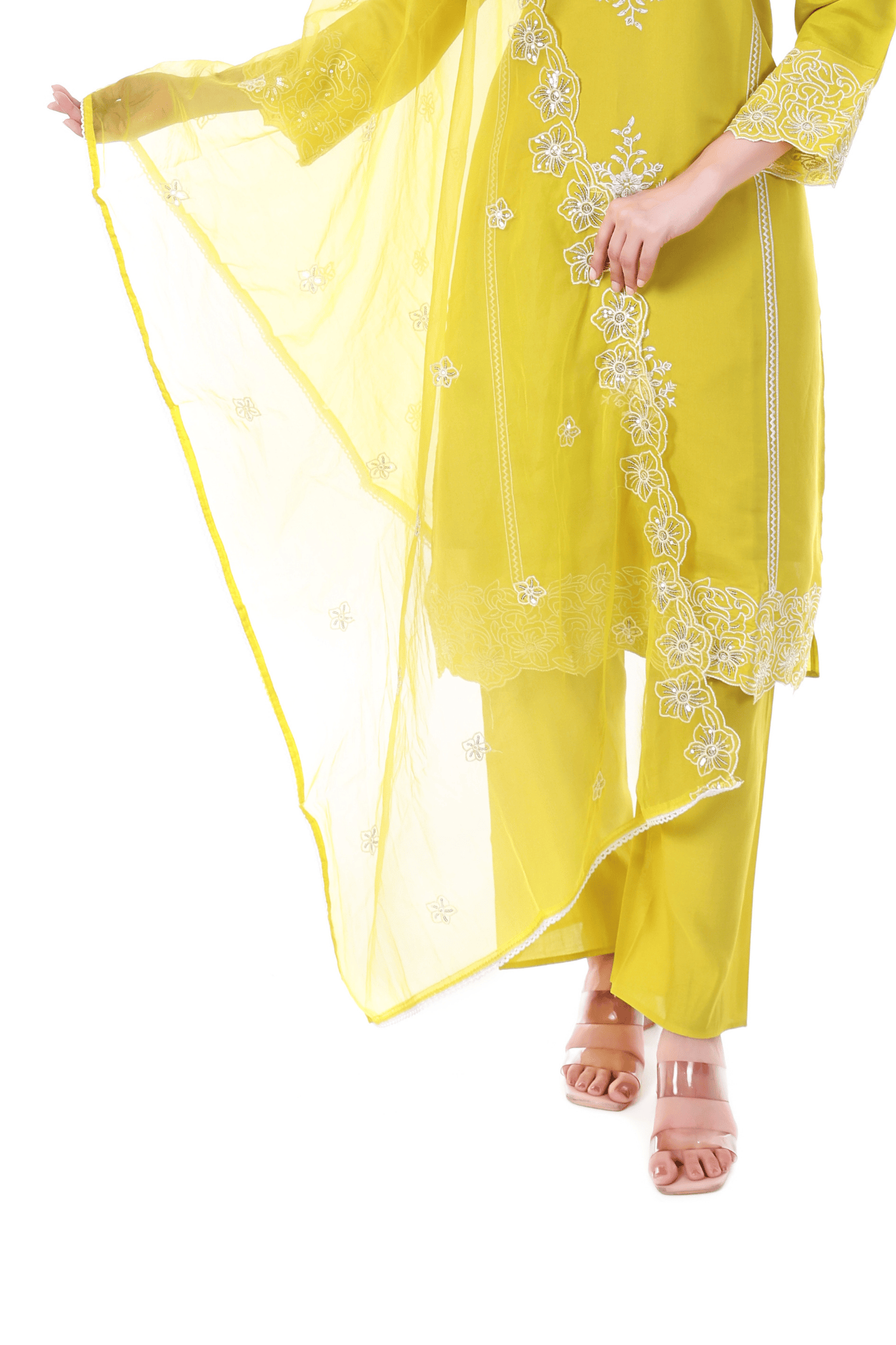 Yellow Straight fit with thread embroidered and lace work