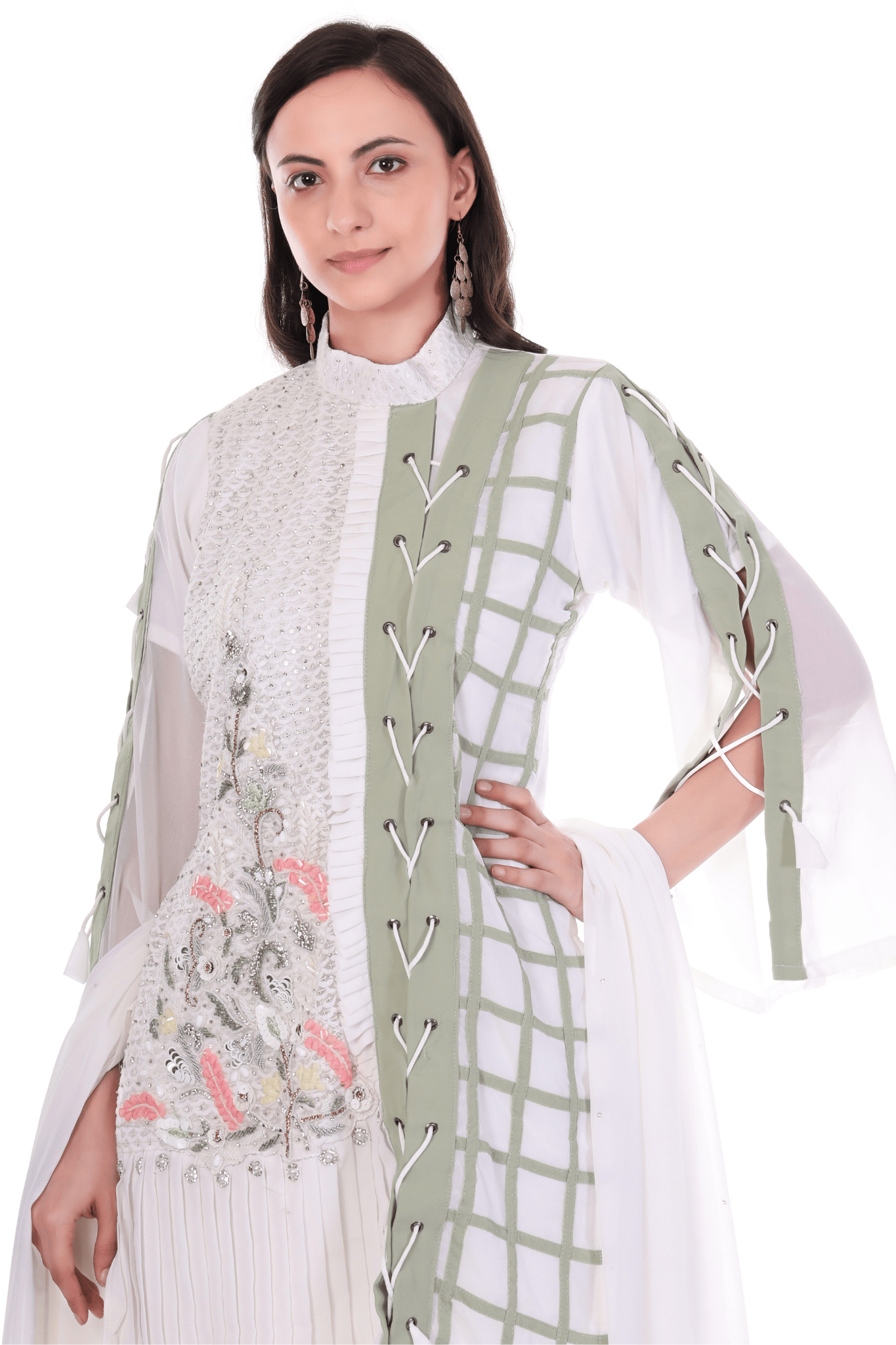 Short straight fit zig zag notted heavy embroidered white green suit