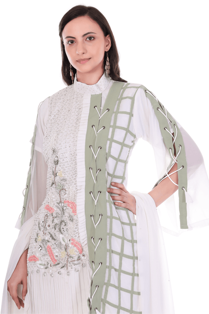 Short straight fit zig zag notted heavy embroidered white green suit