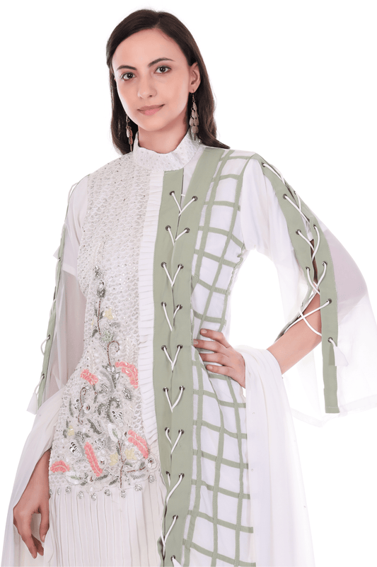 Short straight fit zig zag notted heavy embroidered white green suit