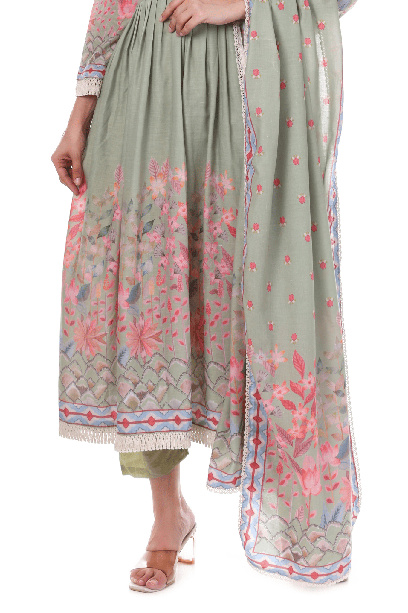 Mul Cotton Anarkali floral suit with thread  and mirror embroidered neck