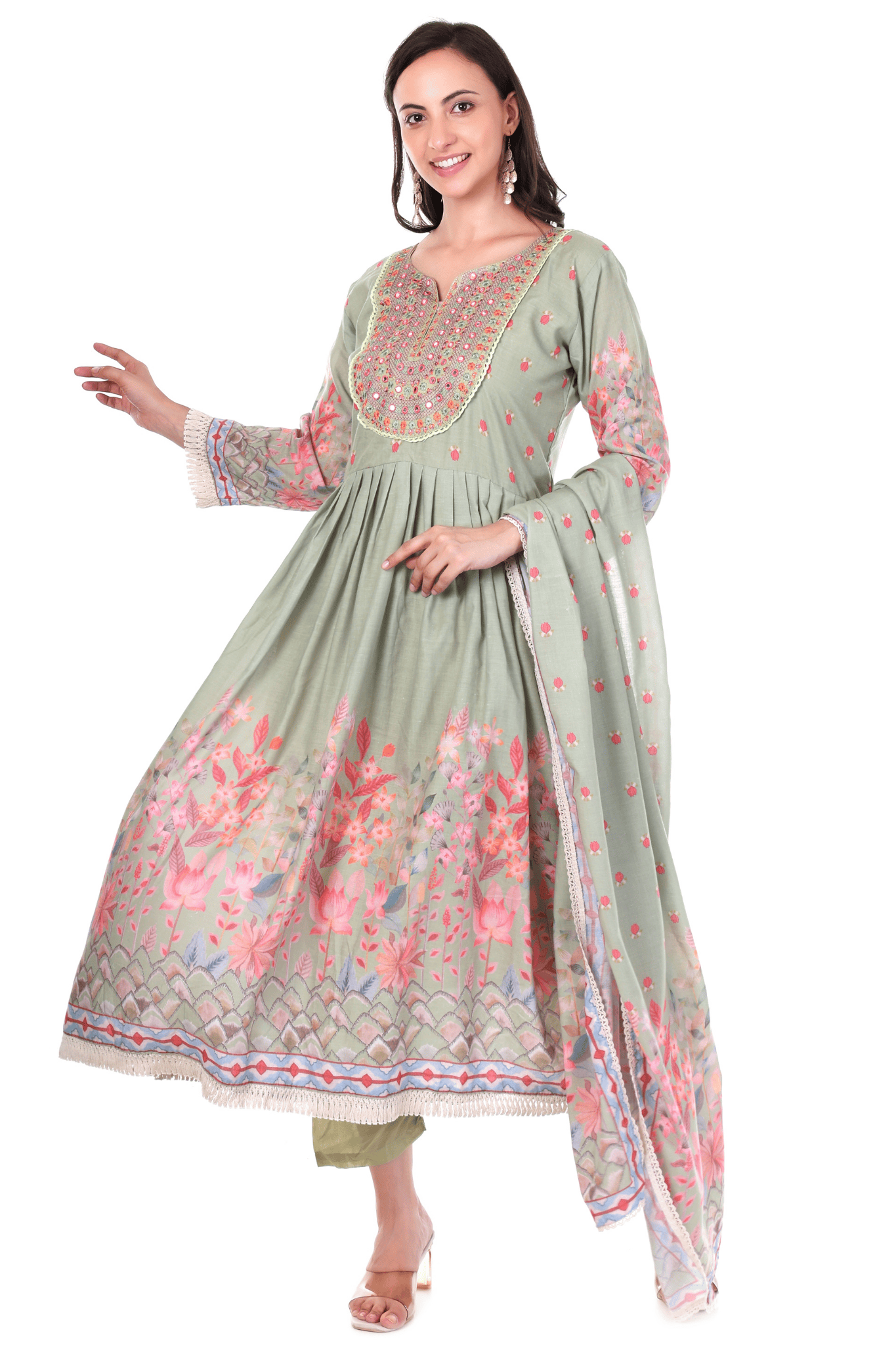 Mul Cotton Anarkali floral suit with thread  and mirror embroidered neck