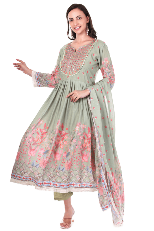 Mul Cotton Anarkali floral suit with thread  and mirror embroidered neck