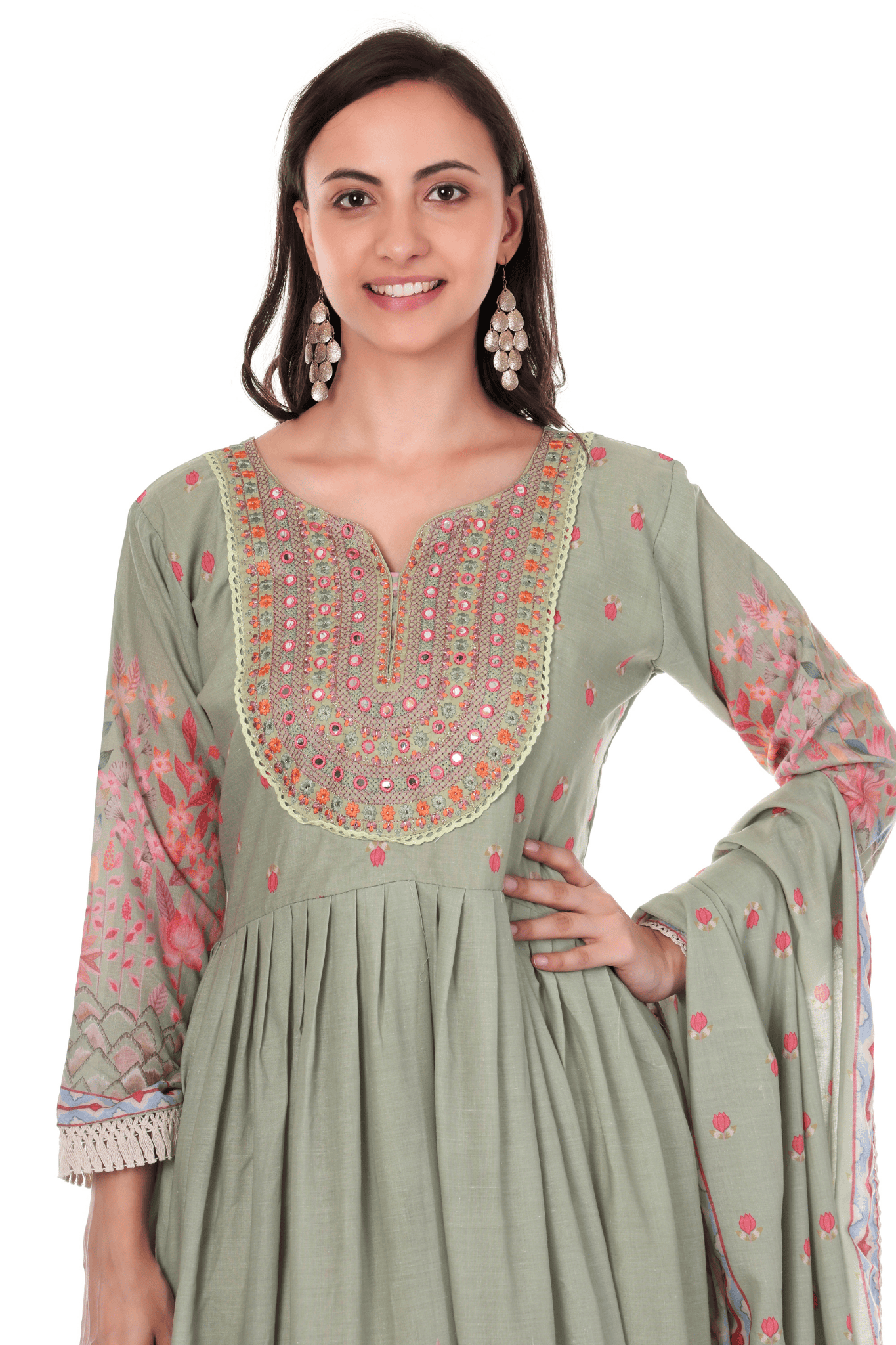 Mul Cotton Anarkali floral suit with thread  and mirror embroidered neck