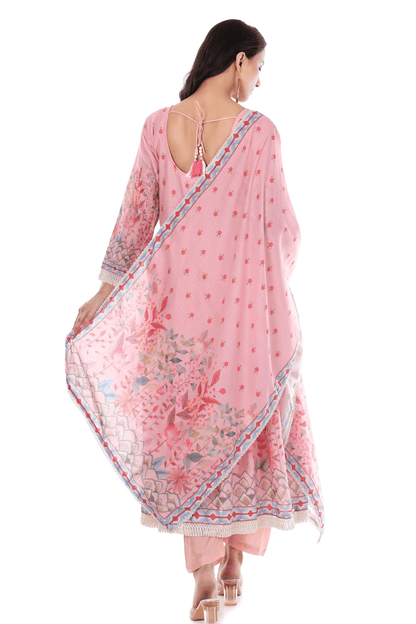 Mul Cotton Anarkali floral suit with thread  and mirror embroidered neck