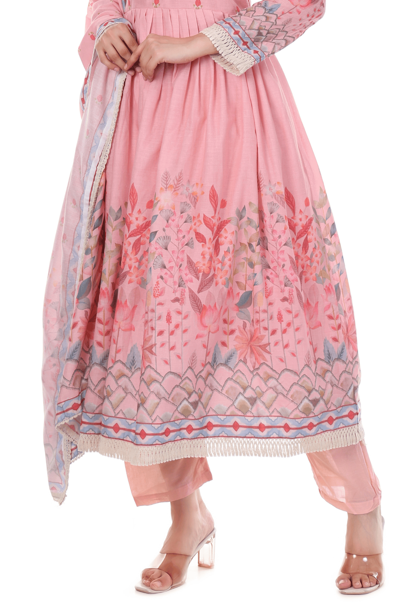 Mul Cotton Anarkali floral suit with thread  and mirror embroidered neck