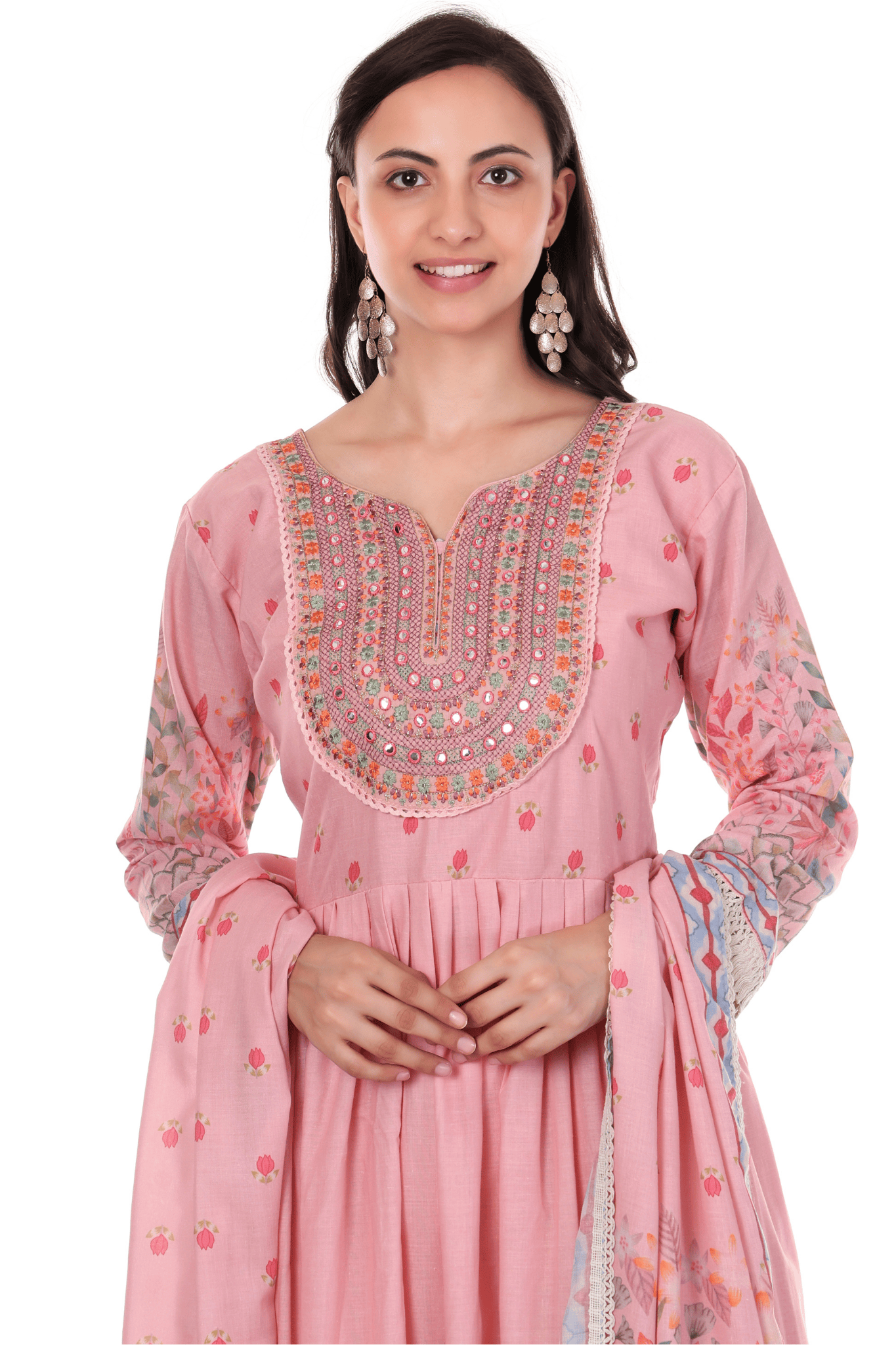 Mul Cotton Anarkali floral suit with thread  and mirror embroidered neck