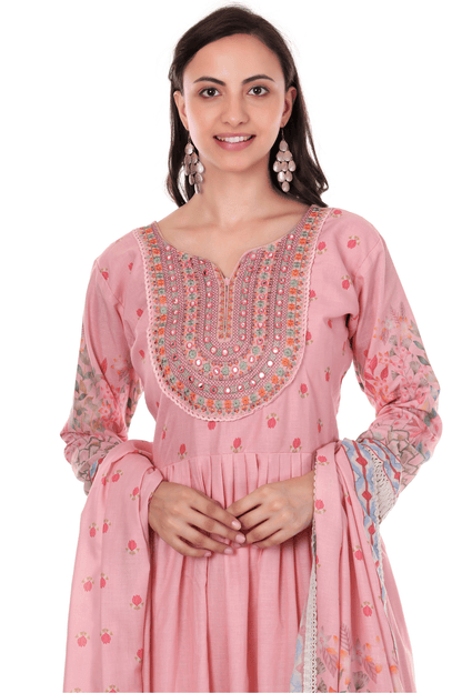 Mul Cotton Anarkali floral suit with thread  and mirror embroidered neck
